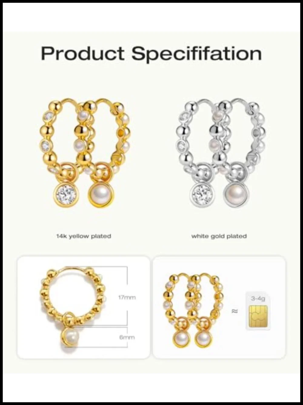 14K Gold Plated Beaded Hoop Earrings with 925 Sterling Silver Post, Dangle